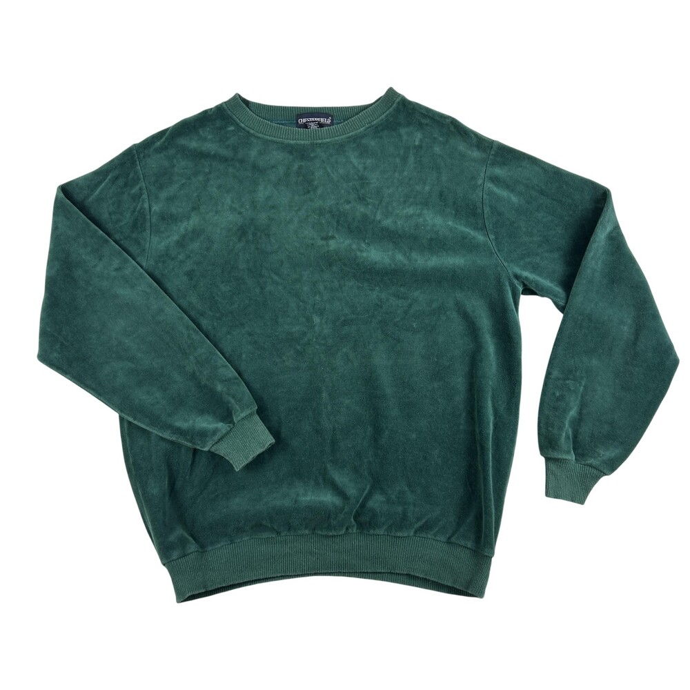 Vintage Chesterfield Sweater Womens Large Green Velour Pullover Made USA 90s
